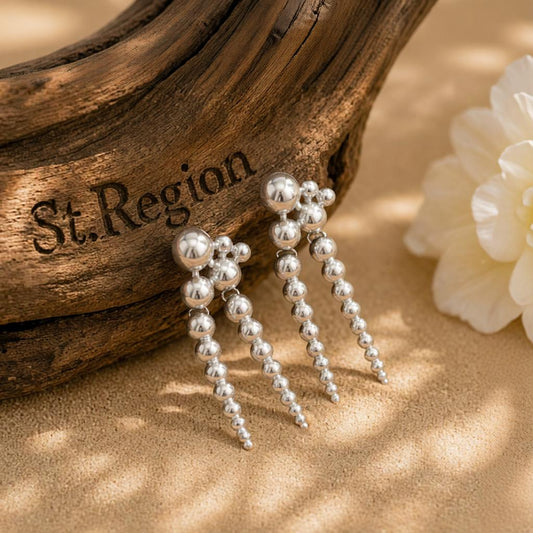 Silvertone Dual-Beaded-Chain Tassel Dangle Earrings, silver drop earrings for women, everyday style, front view
