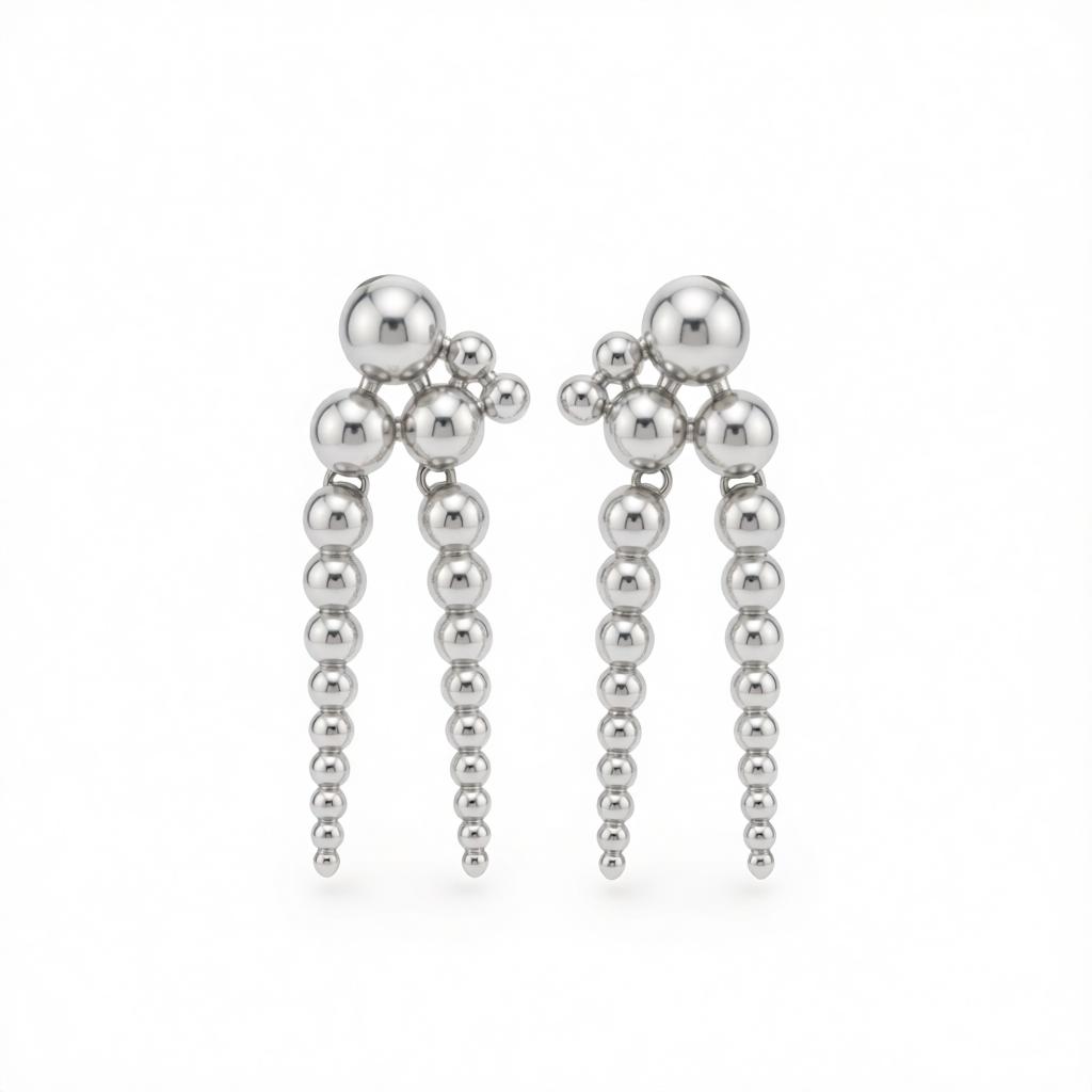 Silvertone Dual-Beaded-Chain Tassel Dangle Earrings, silver drop earrings for women, everyday style, side view