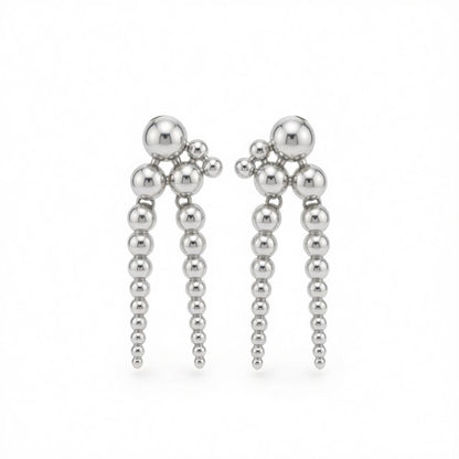 Silvertone Dual-Beaded-Chain Tassel Dangle Earrings, silver drop earrings for women, everyday style, side view