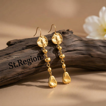 Goldtone Irregular Beads Drop Dangle Earrings, gold drop earrings for women, vintage-inspired design, front view
