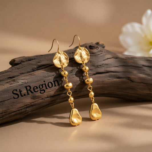 Goldtone Irregular Beads Drop Dangle Earrings, gold drop earrings for women, vintage-inspired design, front view