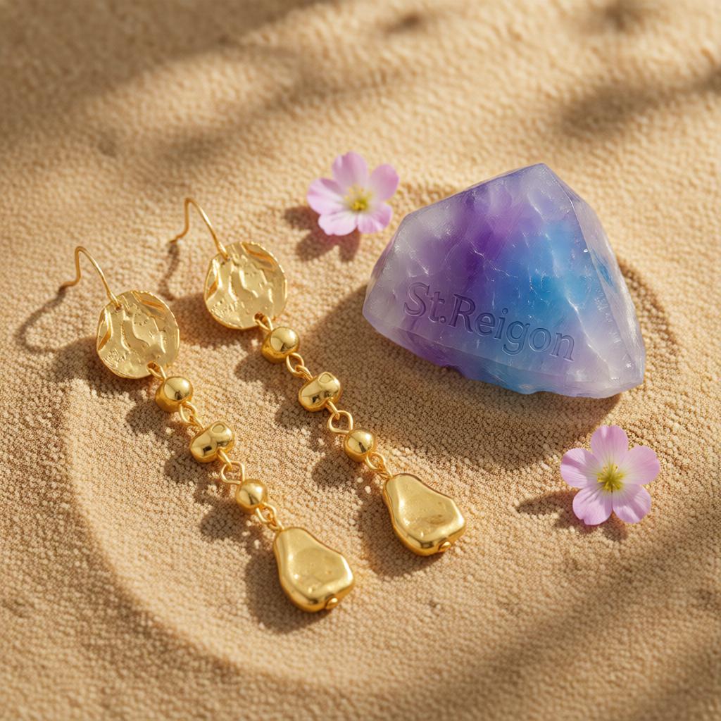 Goldtone Irregular Beads Drop Dangle Earrings, gold drop earrings for women, vintage-inspired design, detail close-up