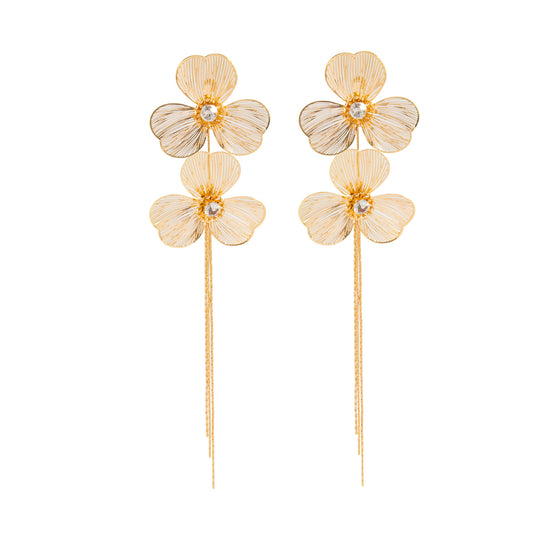 Cubic Zirconia & Goldtone Netted Flower Tassel Dangle Earrings