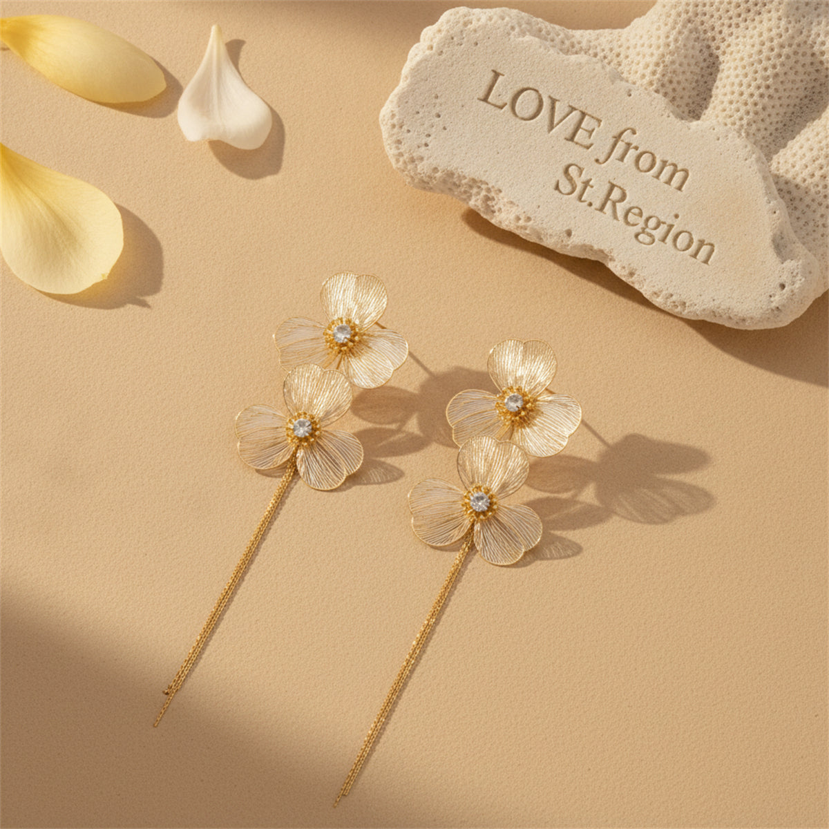 Cubic Zirconia & Goldtone Netted Flower Tassel Dangle Earrings