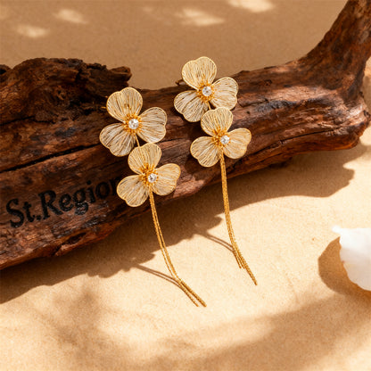 Cubic Zirconia & Goldtone Netted Flower Tassel Dangle Earrings