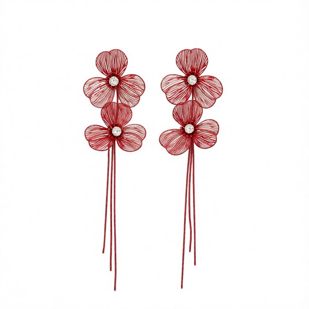 Cubic Zirconia and Red Enamel Netted Flower Tassel Dangle Earrings, drop earrings for women, elegant gift for her, side view