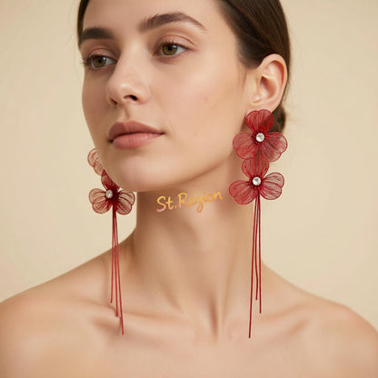 Cubic Zirconia and Red Enamel Netted Flower Tassel Dangle Earrings, drop earrings for women, styled look