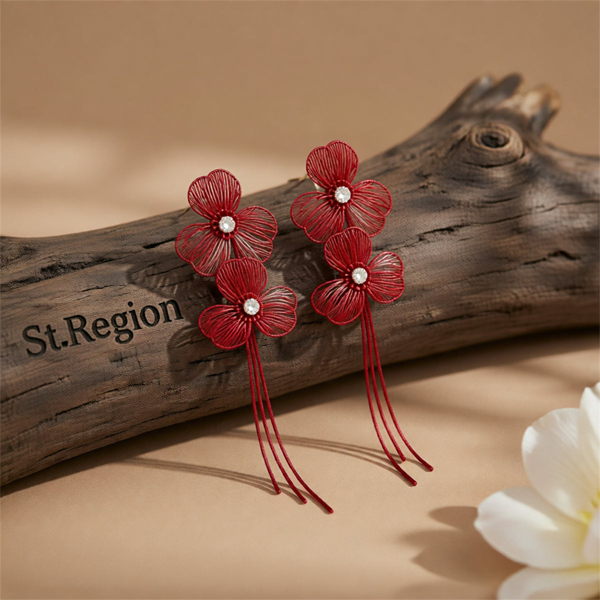 Cubic Zirconia & Red Enamel Netted Flower Tassel Dangle Earrings
