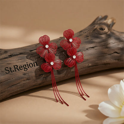 Cubic Zirconia & Red Enamel Netted Flower Tassel Dangle Earrings