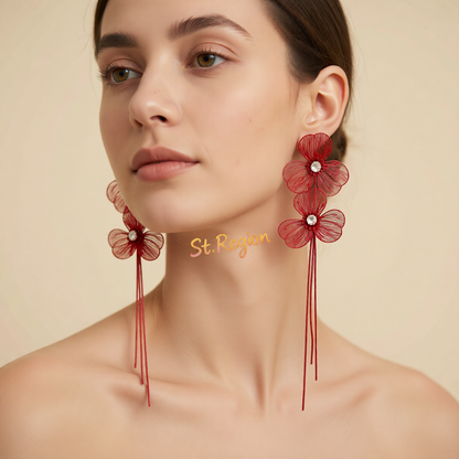 Cubic Zirconia & Red Enamel Netted Flower Tassel Dangle Earrings