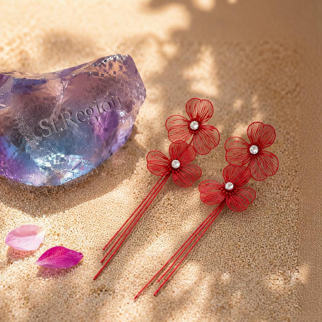 Cubic Zirconia & Red Enamel Netted Flower Tassel Dangle Earrings