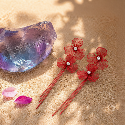 Cubic Zirconia & Red Enamel Netted Flower Tassel Dangle Earrings