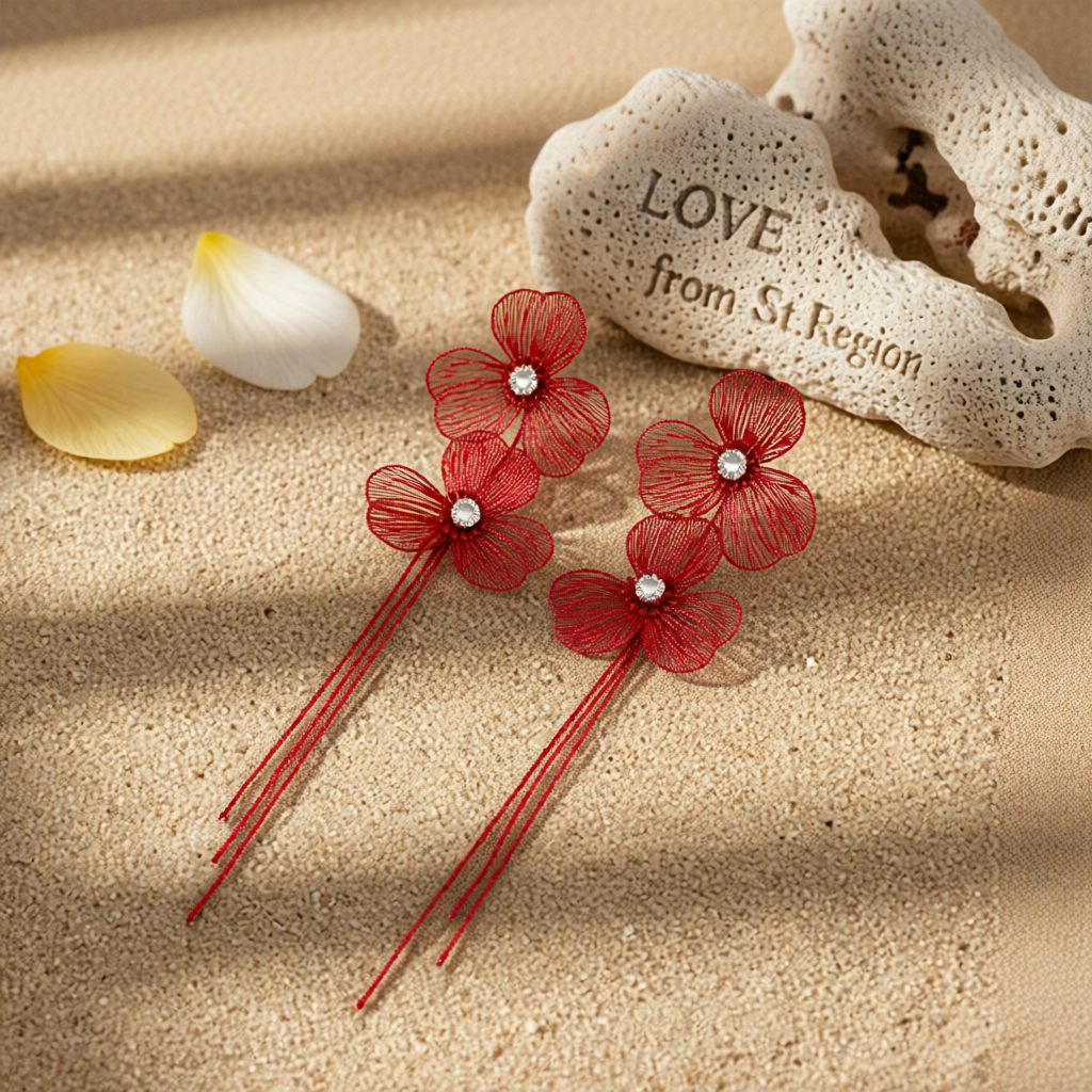 Cubic Zirconia & Red Enamel Netted Flower Tassel Dangle Earrings