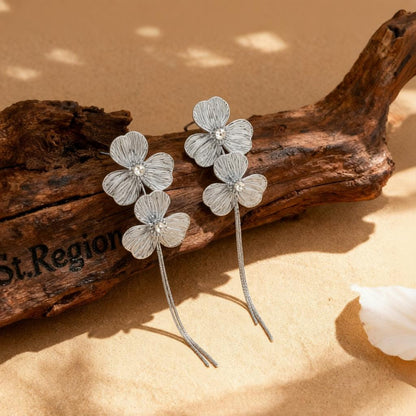 Cubic Zirconia and Silvertone Netted Flower Tassel Dangle Earrings, silver drop earrings for women, front view