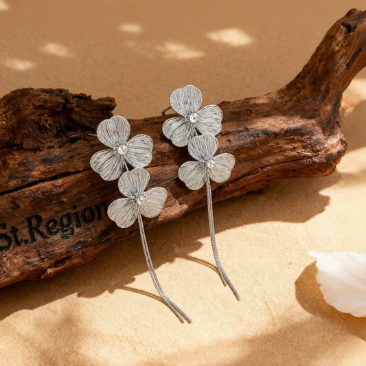 Cubic Zirconia and Silvertone Netted Flower Tassel Dangle Earrings, silver drop earrings for women, front view