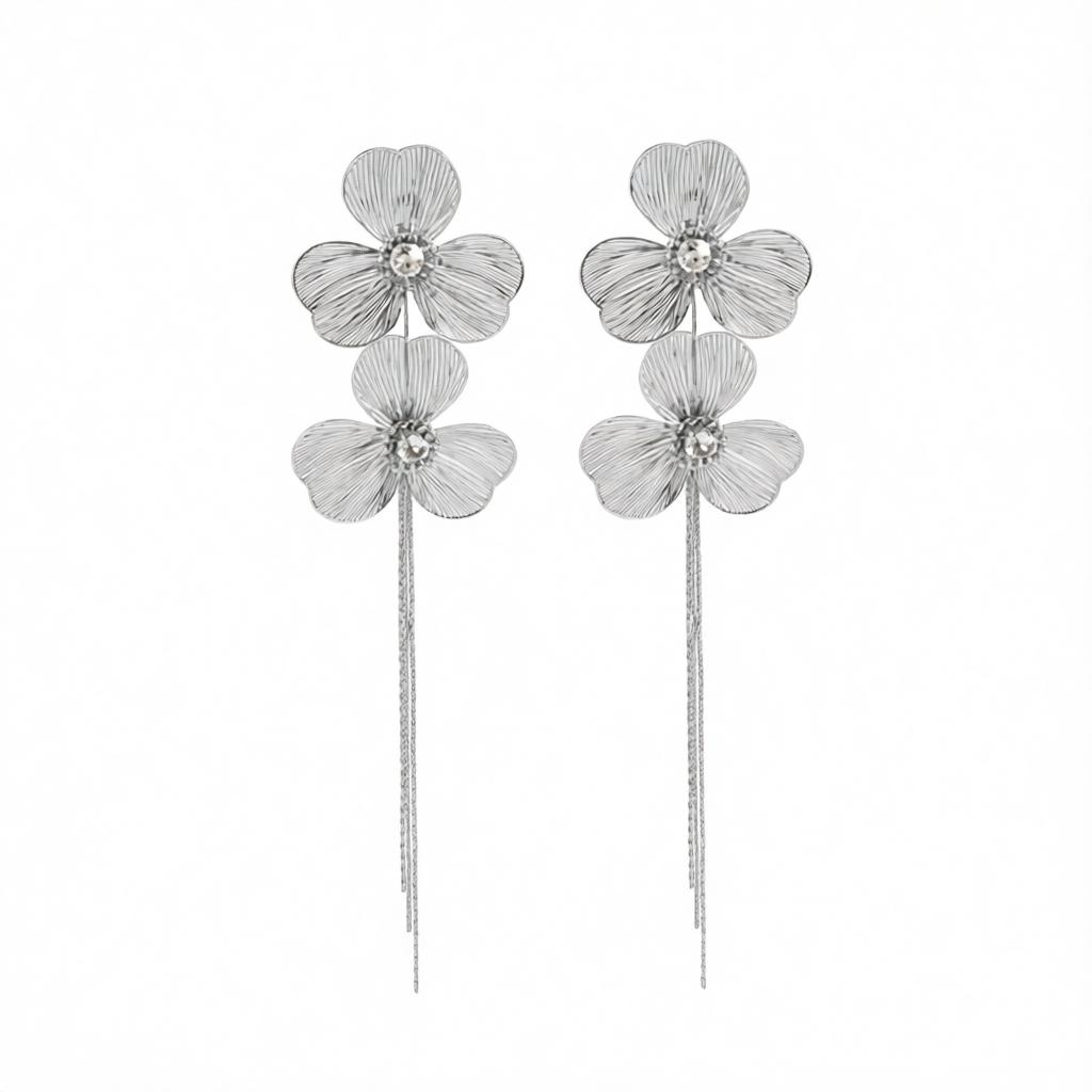 Cubic Zirconia and Silvertone Netted Flower Tassel Dangle Earrings, silver drop earrings for women, side view