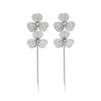 Cubic Zirconia and Silvertone Netted Flower Tassel Dangle Earrings, silver drop earrings for women, side view