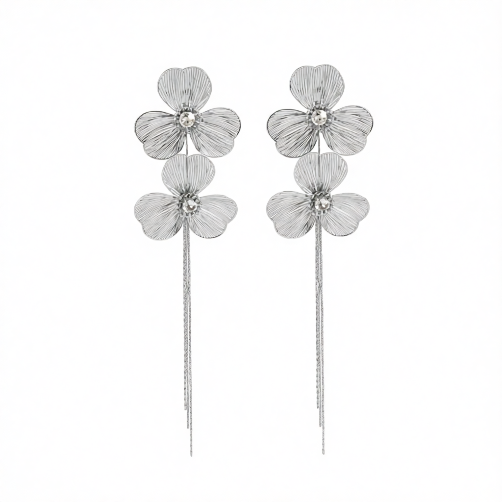 Cubic Zirconia & Silvertone Netted Flower Tassel Dangle Earrings