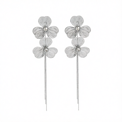 Cubic Zirconia & Silvertone Netted Flower Tassel Dangle Earrings