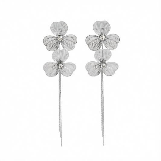 Cubic Zirconia & Silvertone Netted Flower Tassel Dangle Earrings