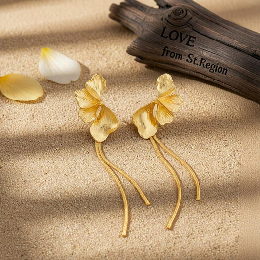 Goldtone Petals Tassel Dangle Earrings, gold drop earrings for women, botanical inspired, front view