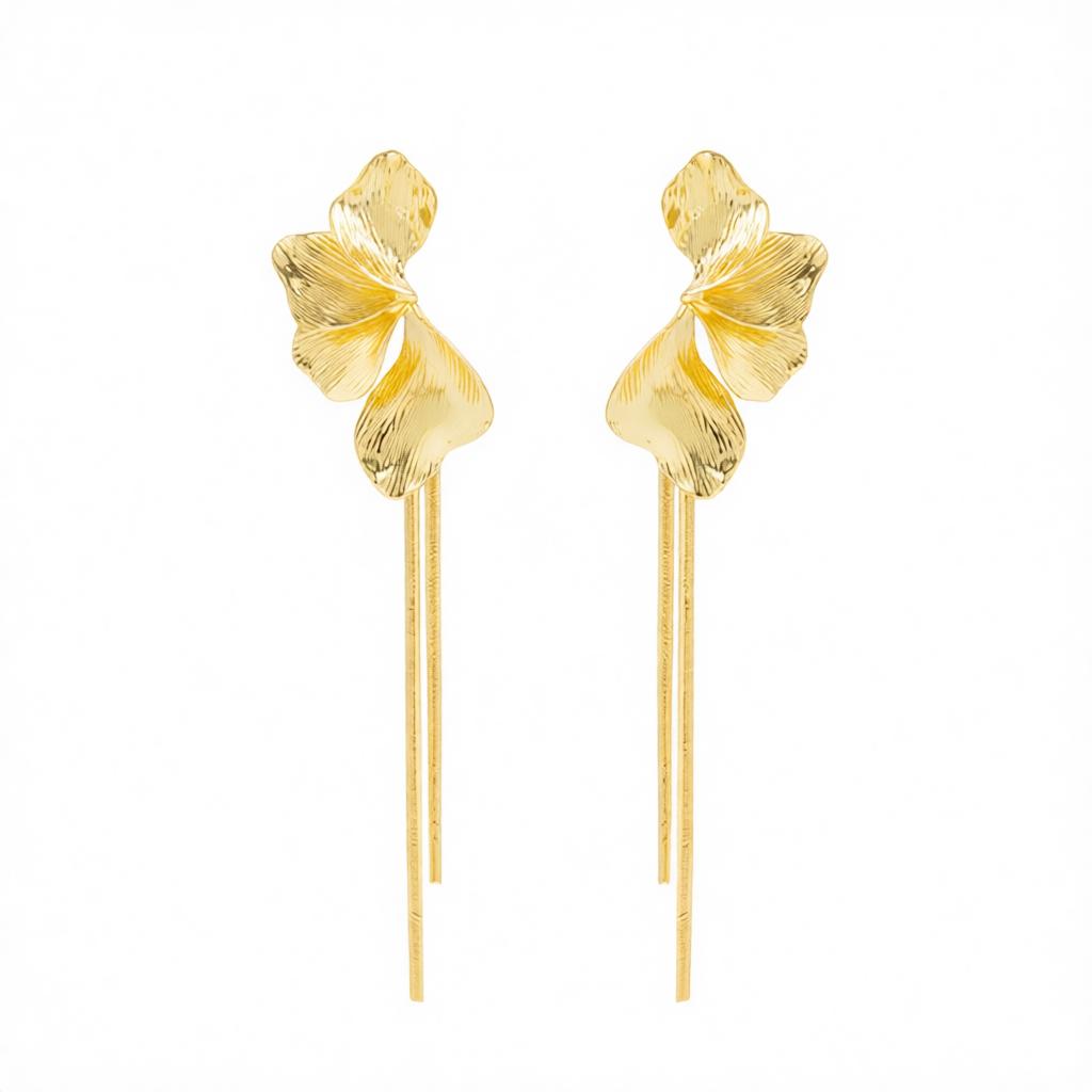 Goldtone Petals Tassel Dangle Earrings, gold drop earrings for women, botanical inspired, side view