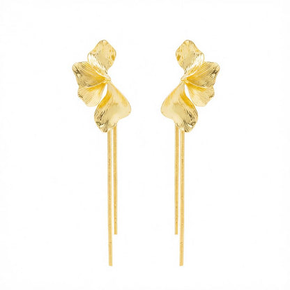 Goldtone Petals Tassel Dangle Earrings, gold drop earrings for women, botanical inspired, side view