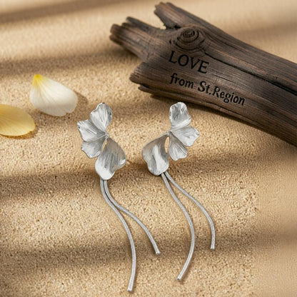 Silvertone Petals Tassel Dangle Earrings, silver drop earrings for women, dainty minimalist design, front view