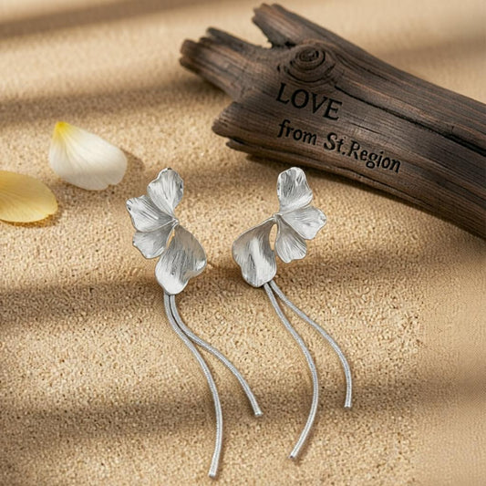 Silvertone Petals Tassel Dangle Earrings, silver drop earrings for women, dainty minimalist design, front view