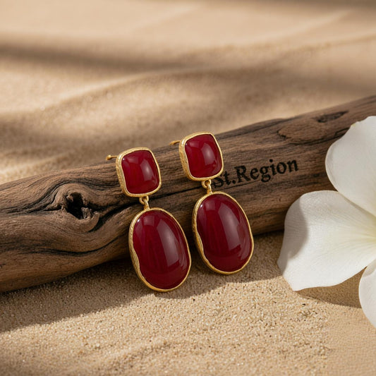 Wine Red Resin and Goldtone Oval Drop Earrings, gold drop earrings for women, botanical inspired, front view