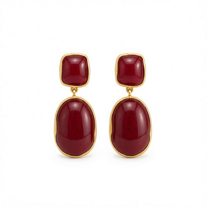 Wine Red Resin and Goldtone Oval Drop Earrings, gold drop earrings for women, botanical inspired, side view