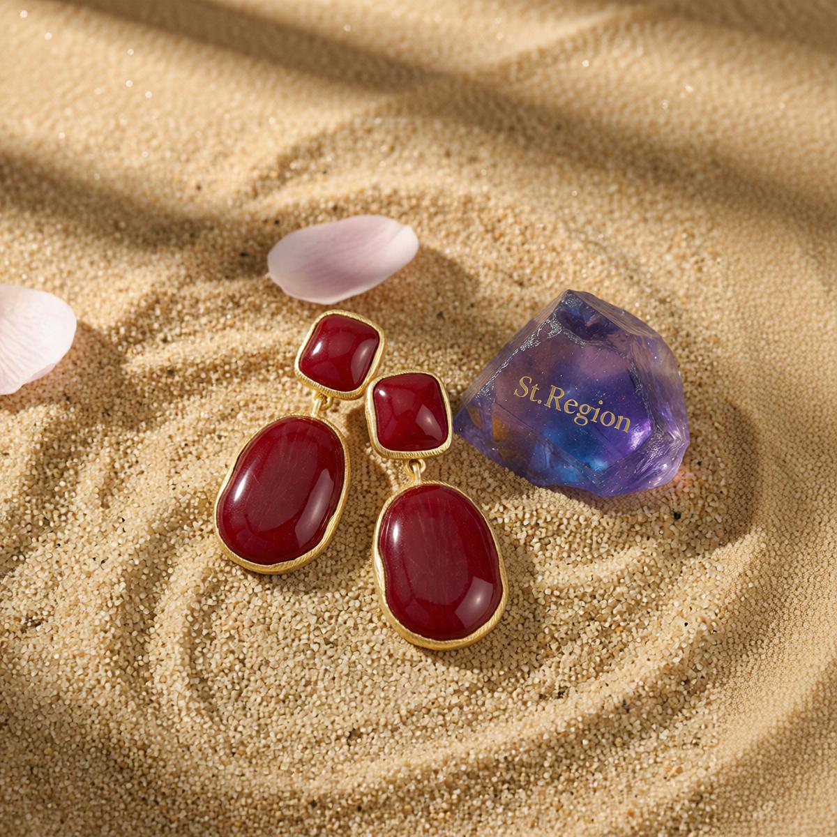 Wine Red Resin and Goldtone Oval Drop Earrings, gold drop earrings for women, botanical inspired, detail close-up