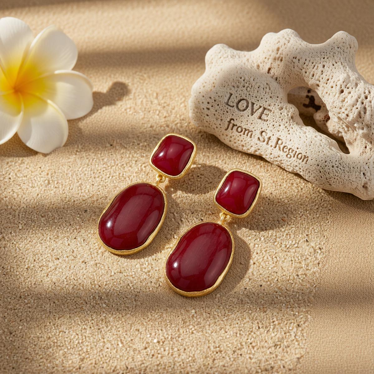 Wine Red Resin and Goldtone Oval Drop Earrings, gold drop earrings for women, botanical inspired, lifestyle look