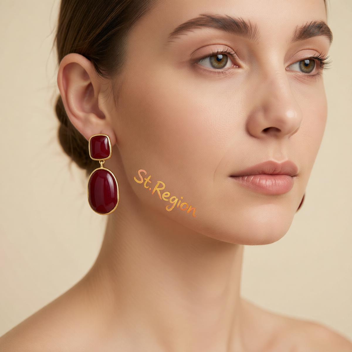 Wine Red Resin and Goldtone Oval Drop Earrings, gold drop earrings for women, botanical inspired, styled look
