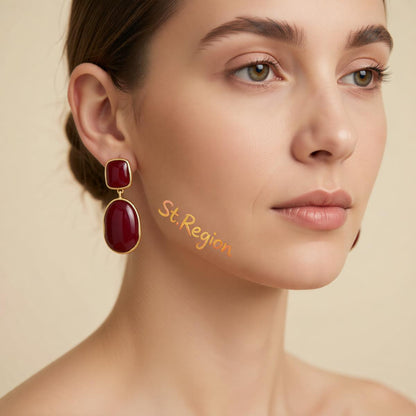 Wine Red Resin and Goldtone Oval Drop Earrings, gold drop earrings for women, botanical inspired, styled look