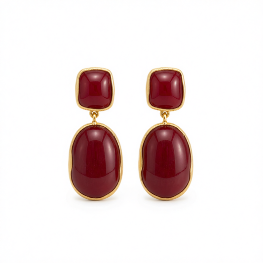 Wine Red Resin & Goldtone Oval Drop Earrings