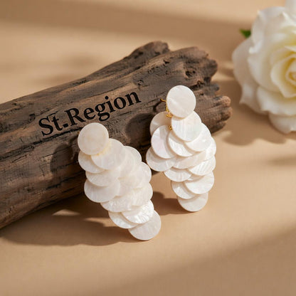 White Acrylic and Goldtone Sequins Tassel Dangle Earrings, gold drop earrings for women, botanical inspired, front view
