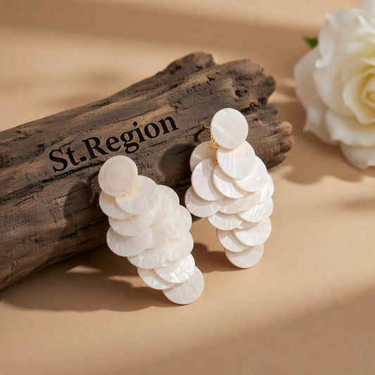 White Acrylic & Goldtone Sequins Tassel Dangle Earrings