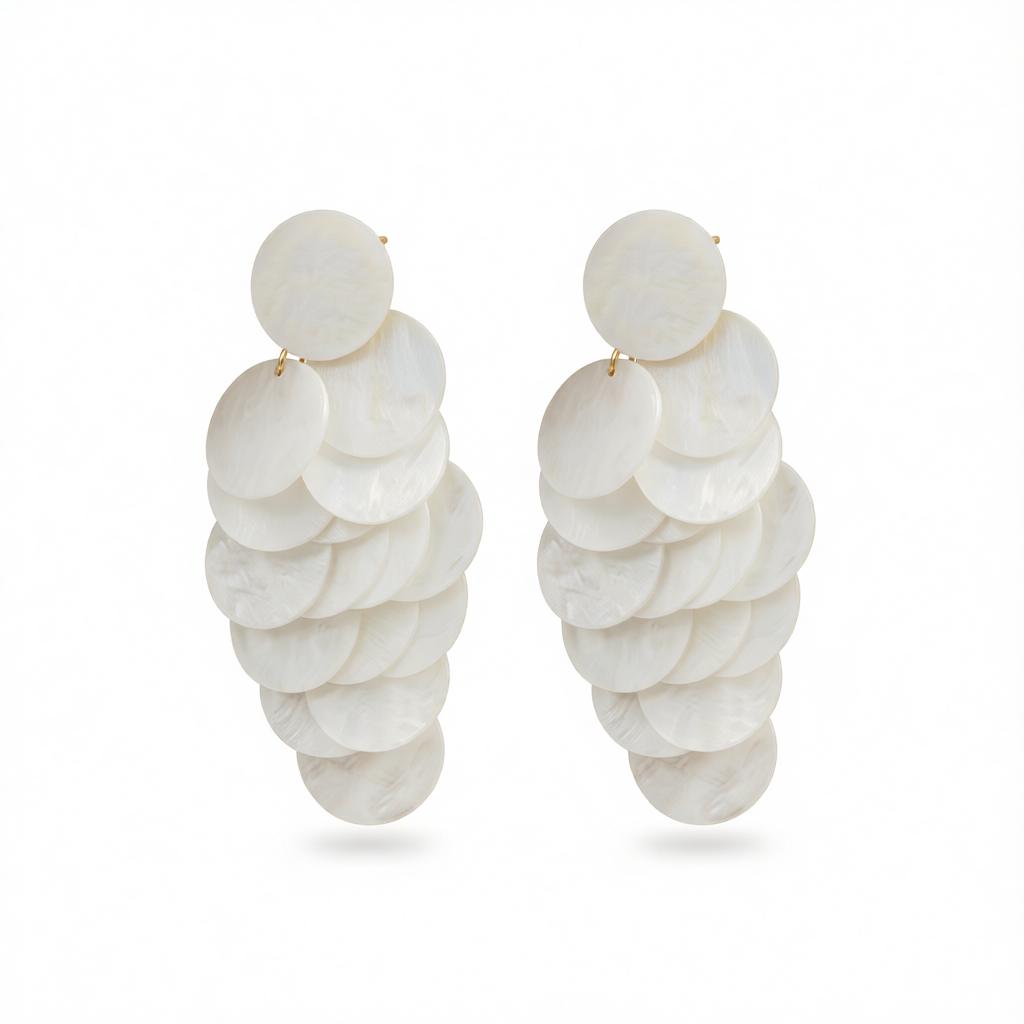 White Acrylic and Goldtone Sequins Tassel Dangle Earrings, gold drop earrings for women, botanical inspired, side view