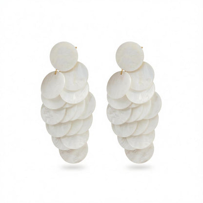 White Acrylic and Goldtone Sequins Tassel Dangle Earrings, gold drop earrings for women, botanical inspired, side view