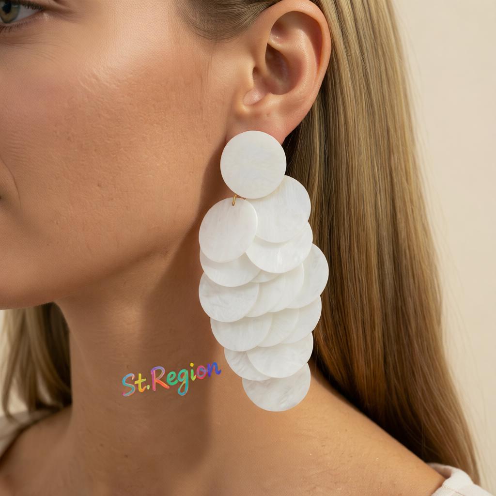 White Acrylic and Goldtone Sequins Tassel Dangle Earrings, gold drop earrings for women, botanical inspired, styled look