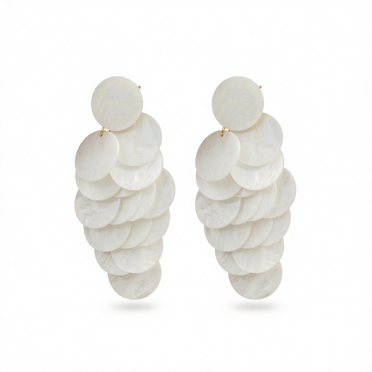 White Acrylic & Goldtone Sequins Tassel Dangle Earrings