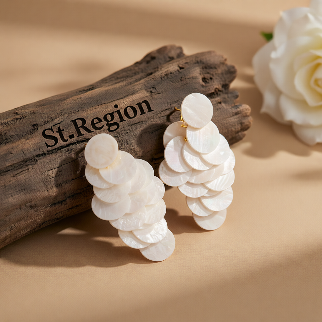 White Acrylic & Goldtone Sequins Tassel Dangle Earrings
