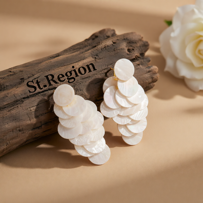 White Acrylic & Goldtone Sequins Tassel Dangle Earrings