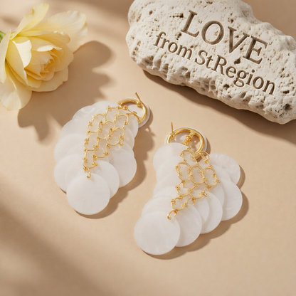 White Acrylic & Goldtone Sequins Tassel Dangle Earrings