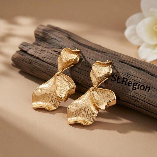 Goldtone Textured Petals Dangle Earrings, gold drop earrings for women, everyday style, front view