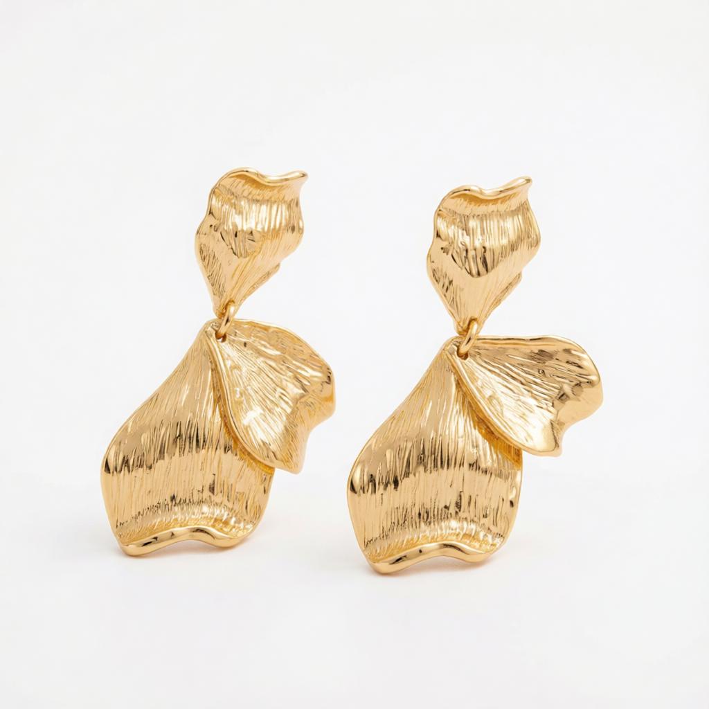 Goldtone Textured Petals Dangle Earrings, gold drop earrings for women, everyday style, side view