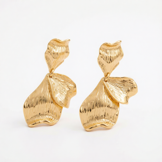 Goldtone Textured Petals Dangle Earrings