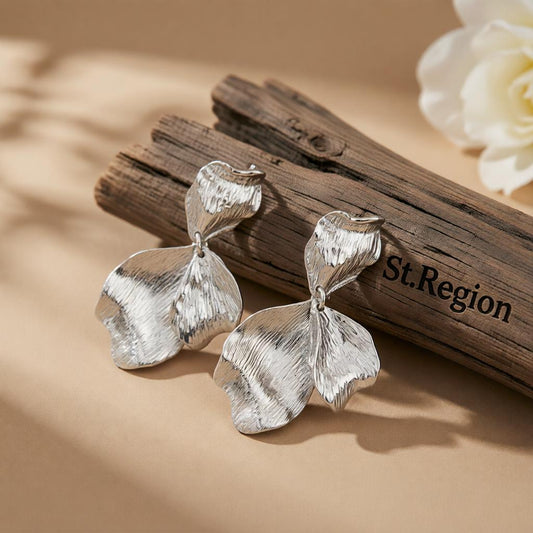Silvertone Textured Petals Dangle Earrings, silver drop earrings for women, botanical inspired, front view