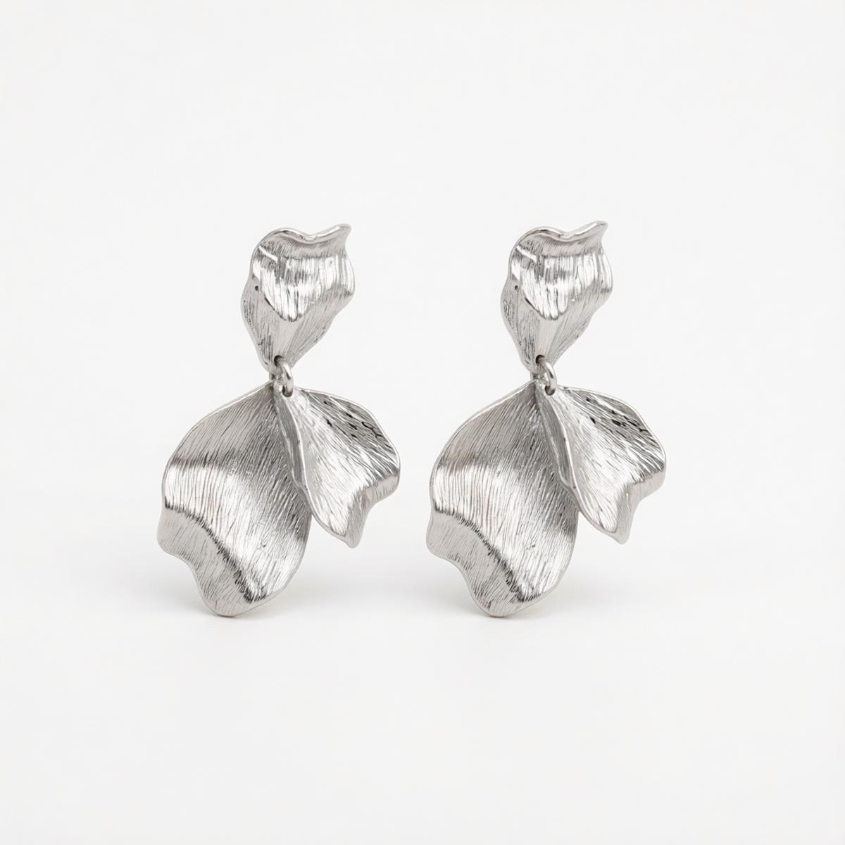 Silvertone Textured Petals Dangle Earrings, silver drop earrings for women, botanical inspired, side view
